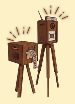 Drawing of the Look Photobooth camera and printer on wooden tripods